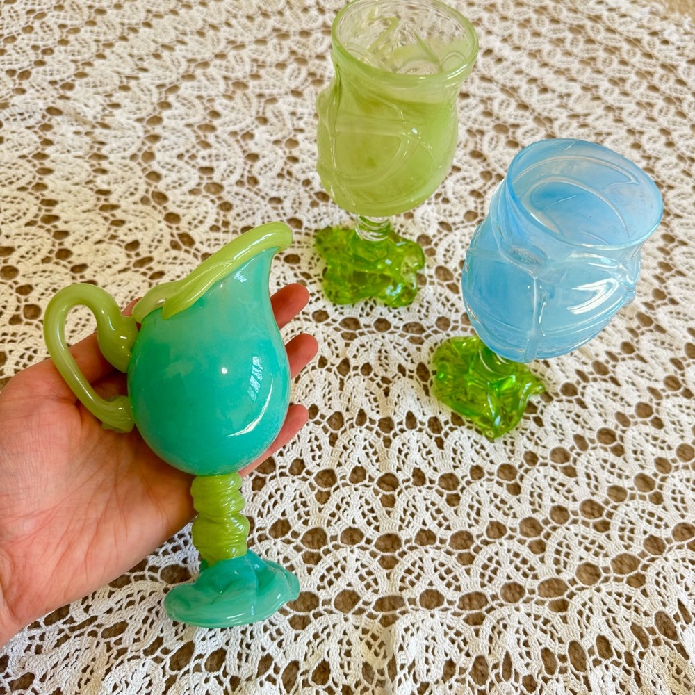 Hand Blown Art Glass Goblets Pitcher Jug Italian Bundle of 3